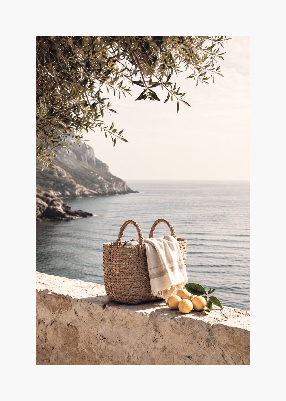 Mediterranean Escape Poster med korg, citroner och havsutsikt, perfekt för sommarinredning i köket.