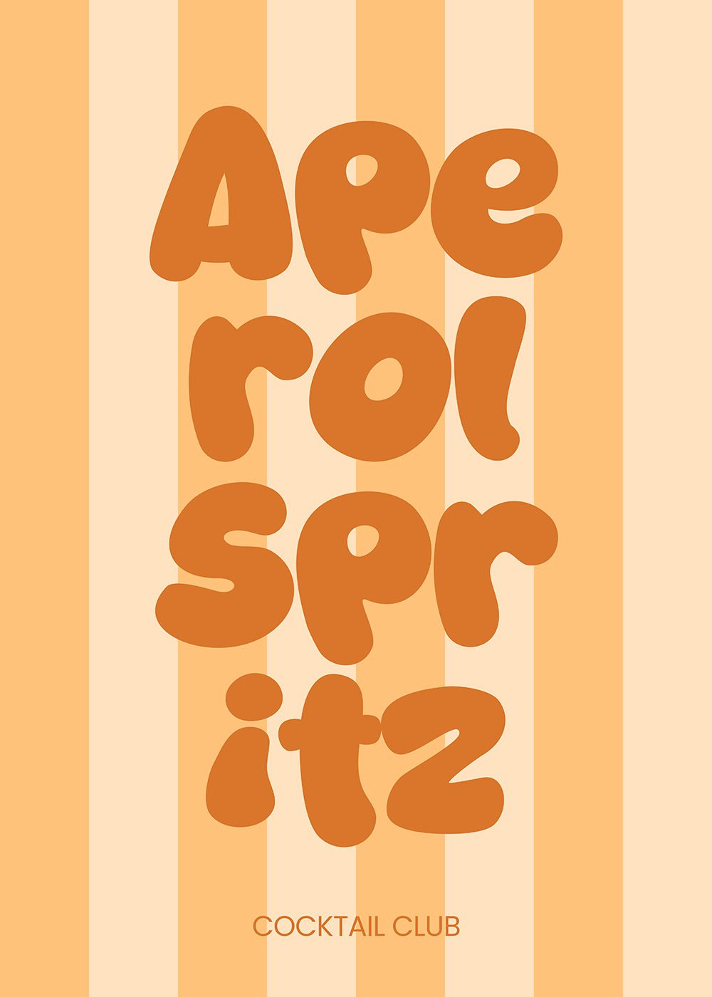 Aperol Spritz Cocktail Poster med orange typografi och randig bakgrund, kökstavla för sommarinredning.