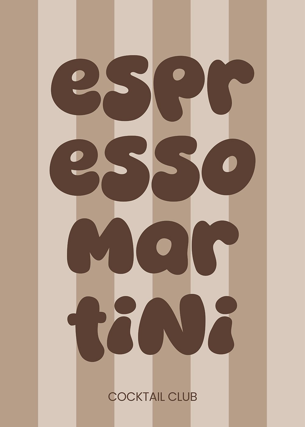 Espresso Martini Cocktail Poster med typografi i bruna nyanser mot randig bakgrund. Perfekt för kök och sommarinredning.