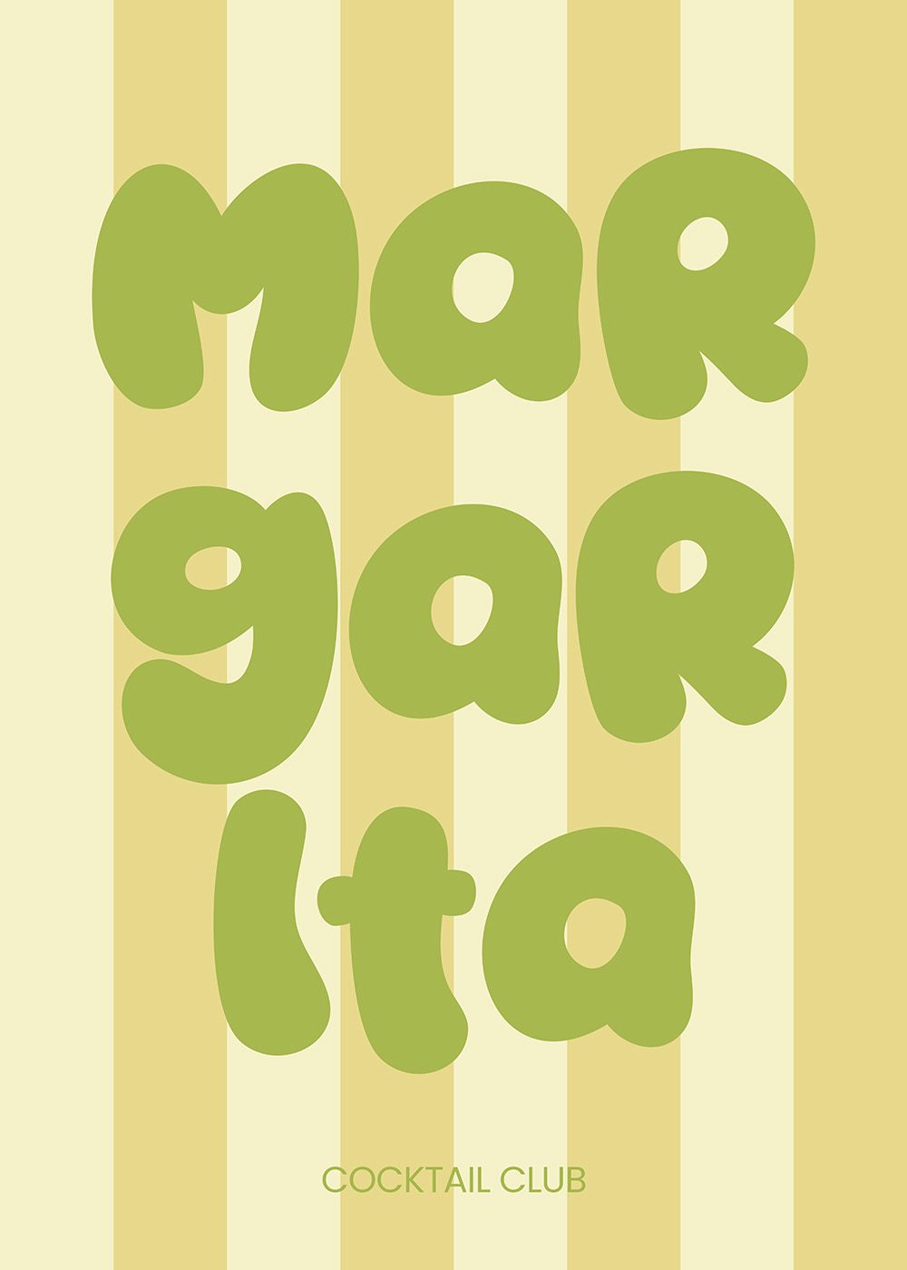 Margarita Cocktail Poster i grönt och gult, typografi, kökstavla, sommarposter.