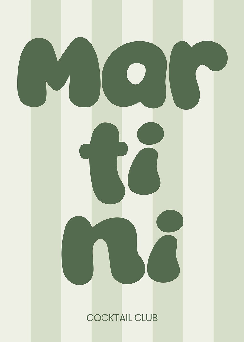 Martini Cocktail Poster med typografi i grönt på randig bakgrund, perfekt för kök och sommarinredning.
