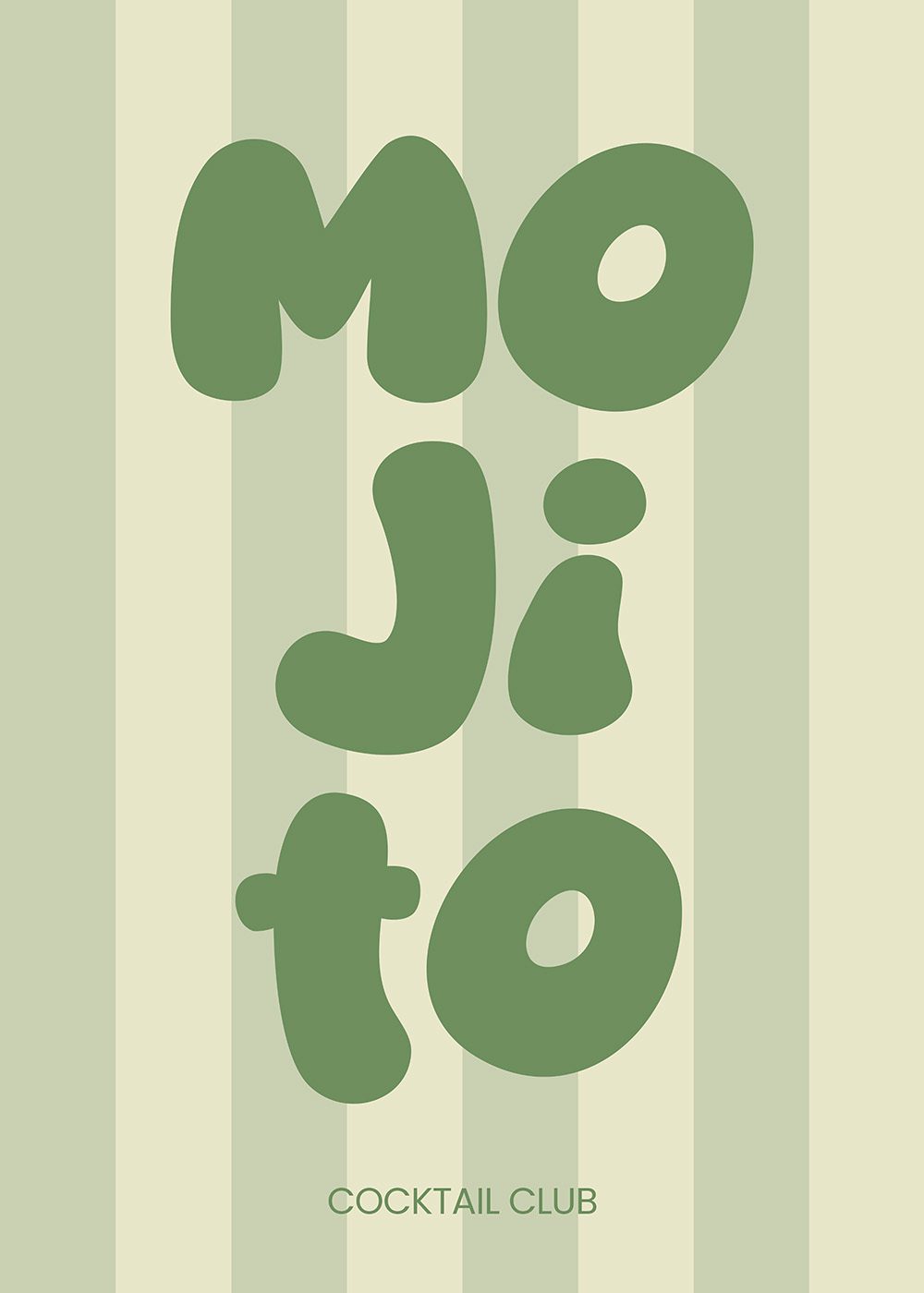 Mojito Cocktail Poster med typografi i grönt på randig bakgrund, perfekt för sommar- och köksinredning.