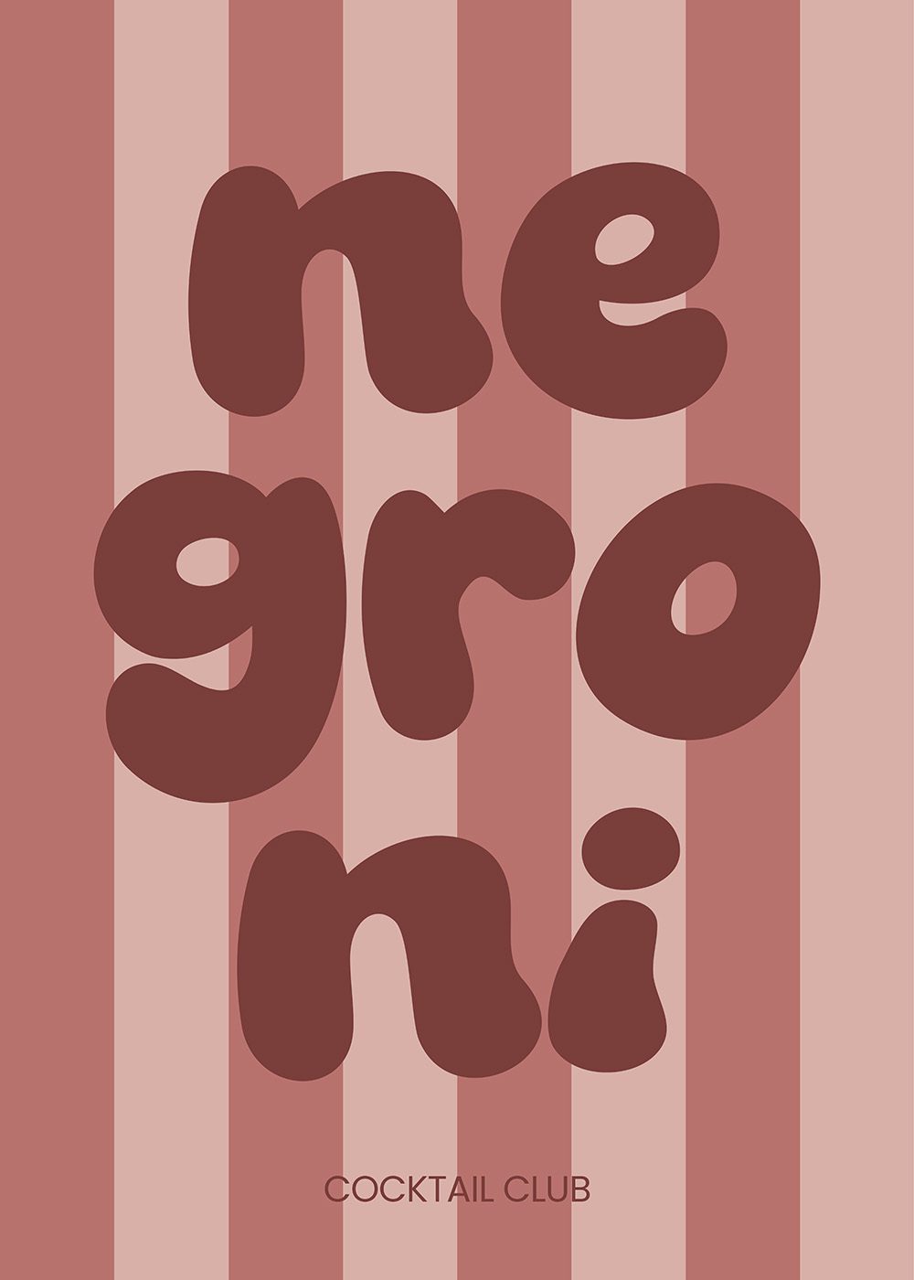 Negroni Cocktail Poster med typografi i mörkröd text på randig bakgrund, kategori kökstavlor.