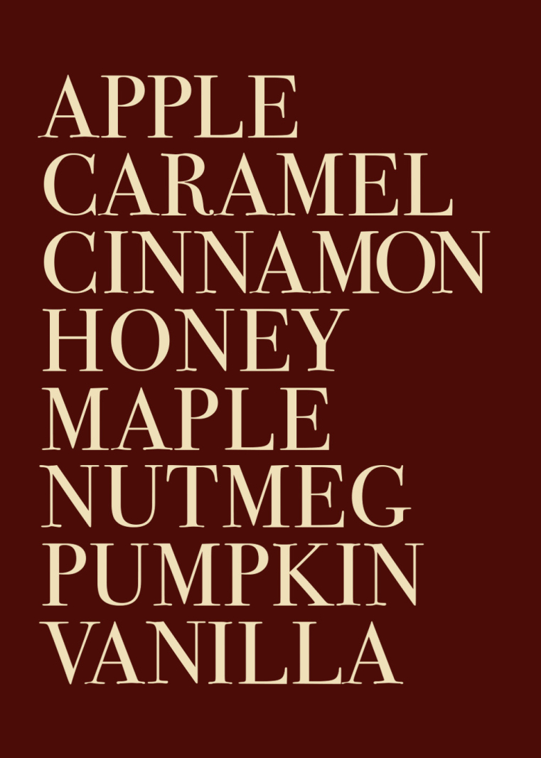 Autumn Kitchen Poster med höstiga ord som äpple, kanel och vanilj i beige text på mörkröd bakgrund.