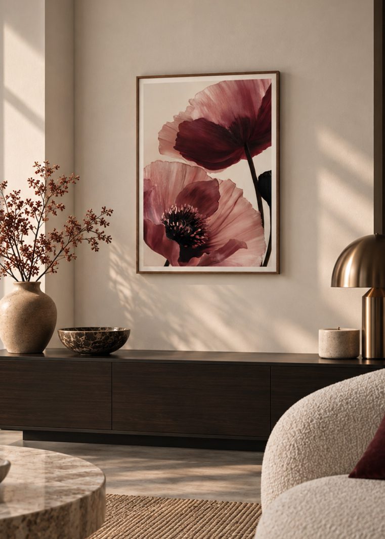 Modern blomposter i burgundy och puderrosa