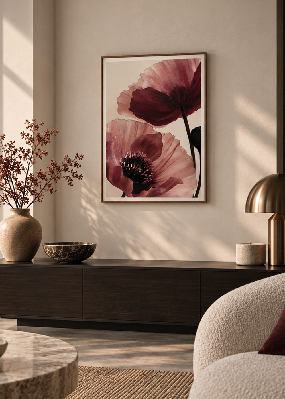 Modern blomposter i burgundy och puderrosa