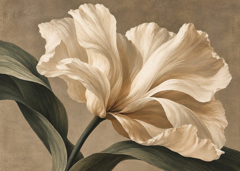 Elegant blomposter med en stor cremevit blomma mot en varm beige bakgrund.