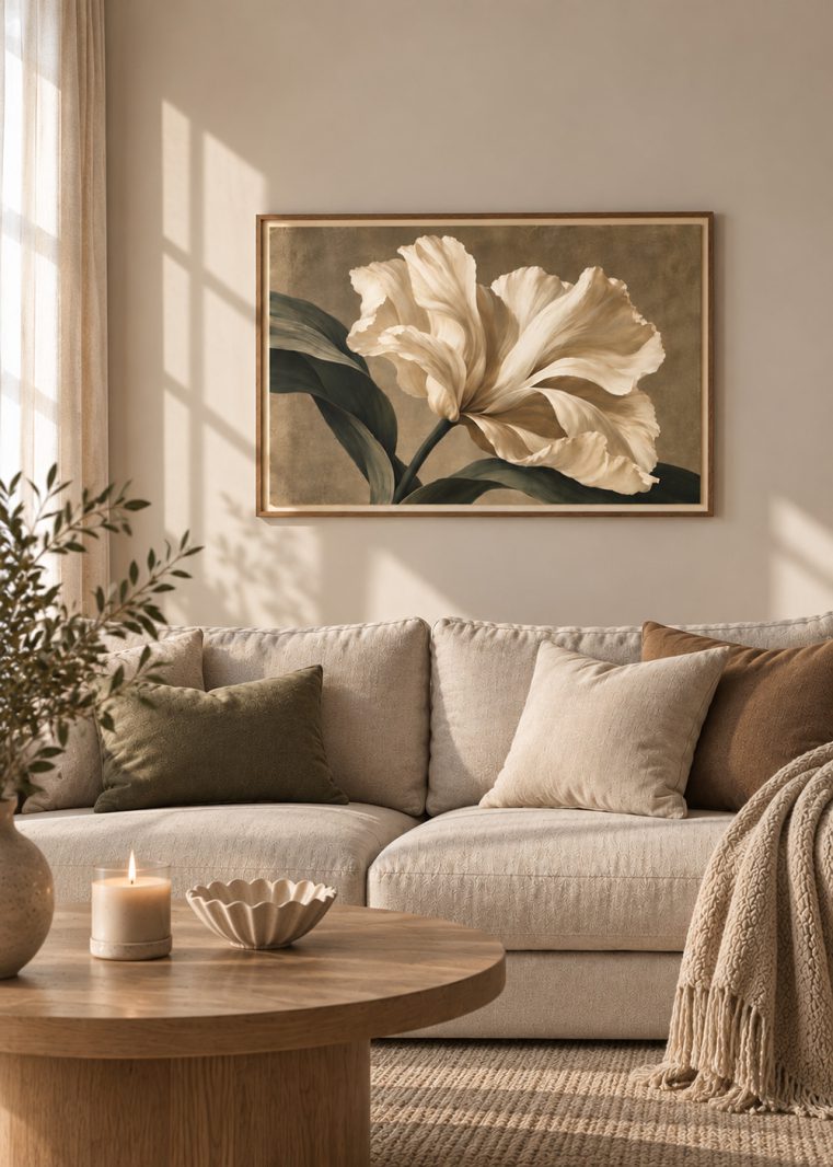 Elegant blomposter med en stor cremevit blomma mot en varm beige bakgrund.