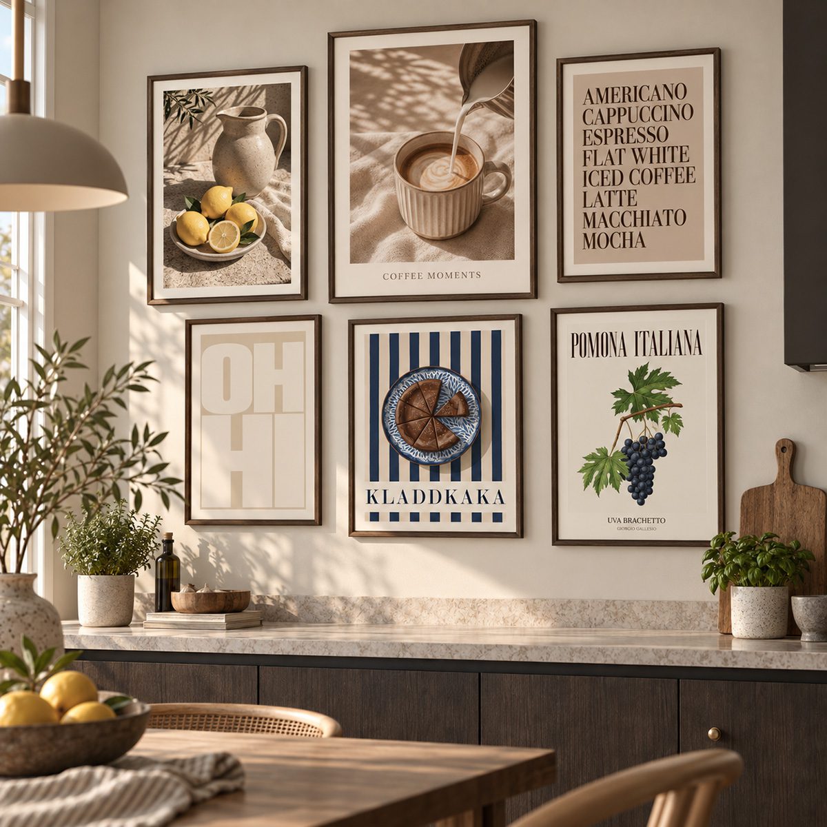 Stilren köksinspiration med en harmonisk tavelvägg i varma toner. En mix av kaffe, mat och italienska motiv skapar en personlig och modern känsla – perfekt för köket eller matplatsen.