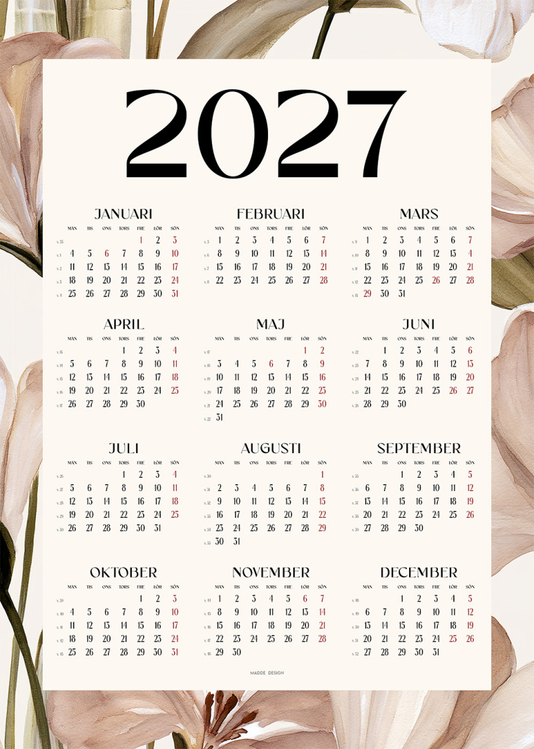 Blommig Kalender 2027 Akvarell med växtmotiv, väggkalender för hemmet. Kategorier: Väggkalender 2027, Textposters, Kalender.
