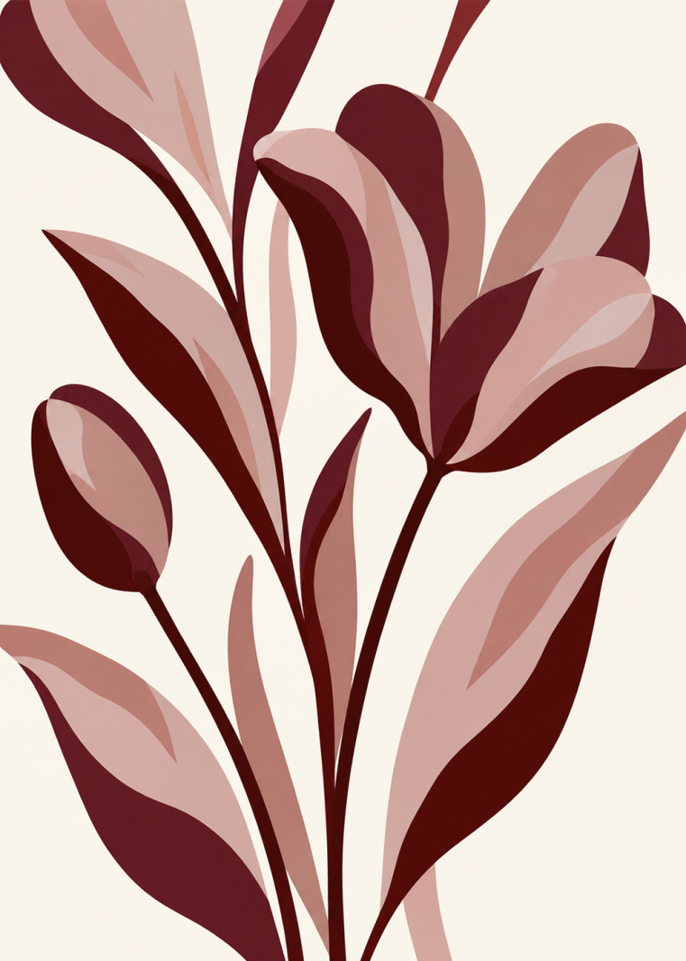 Blush Bloom No. 2, modern botanisk poster med höstfärger och stiliserade blommor och blad.