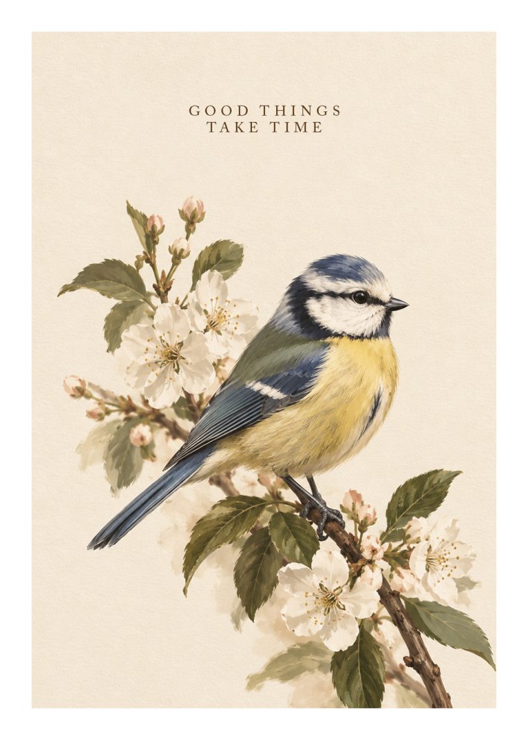 Charmig blåmes poster med blommande kvist och texten Good Things Take Time