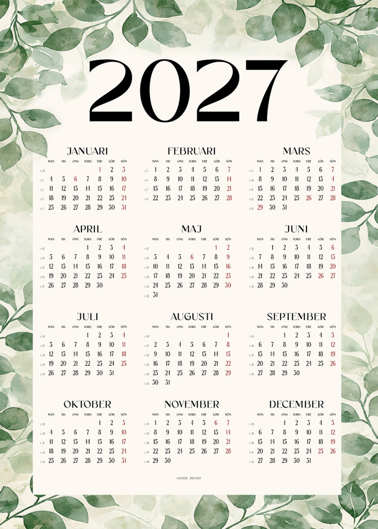 Grön Kalender 2027 med akvarellblad, väggkalender med månadsöversikt och dekorativa bladmotiv.