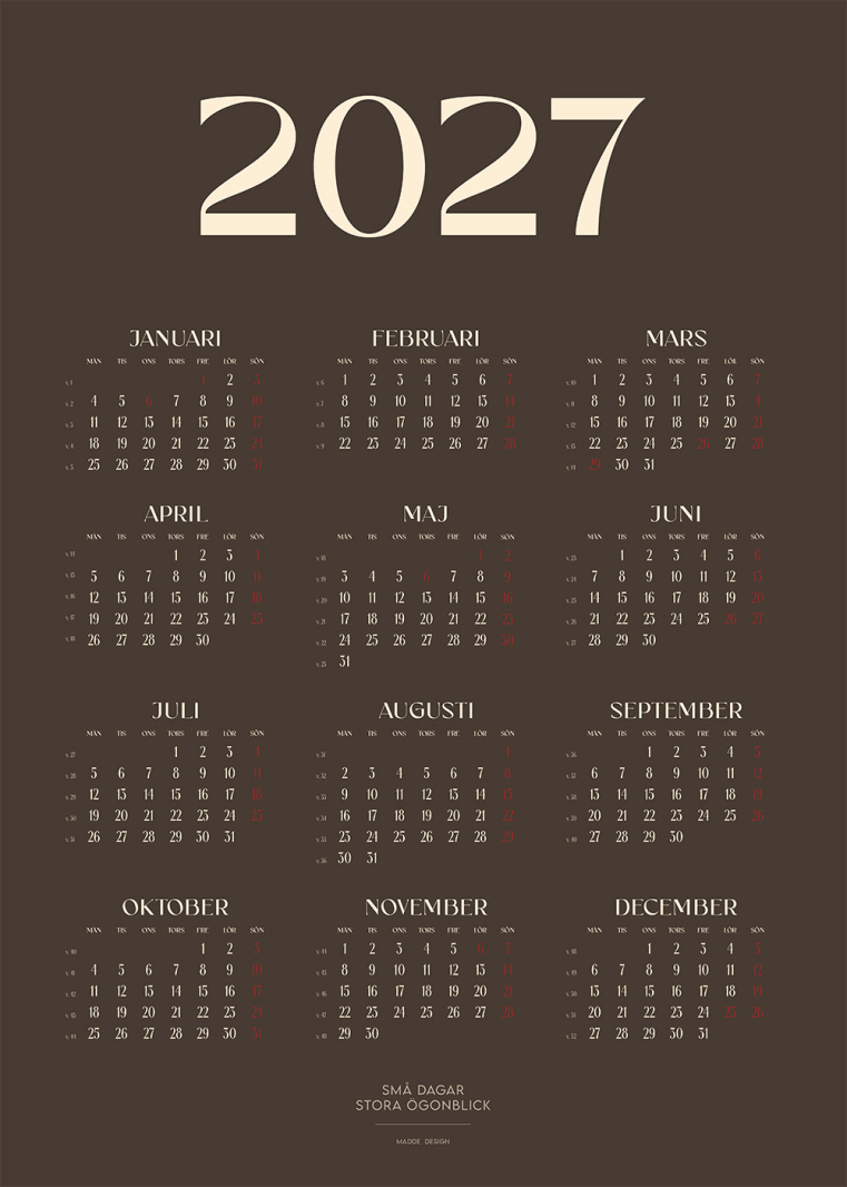 Stilren Kalender 2027 Mörkbrun med minimalistisk design och tydliga månadsvyer, perfekt för kontor eller hem.