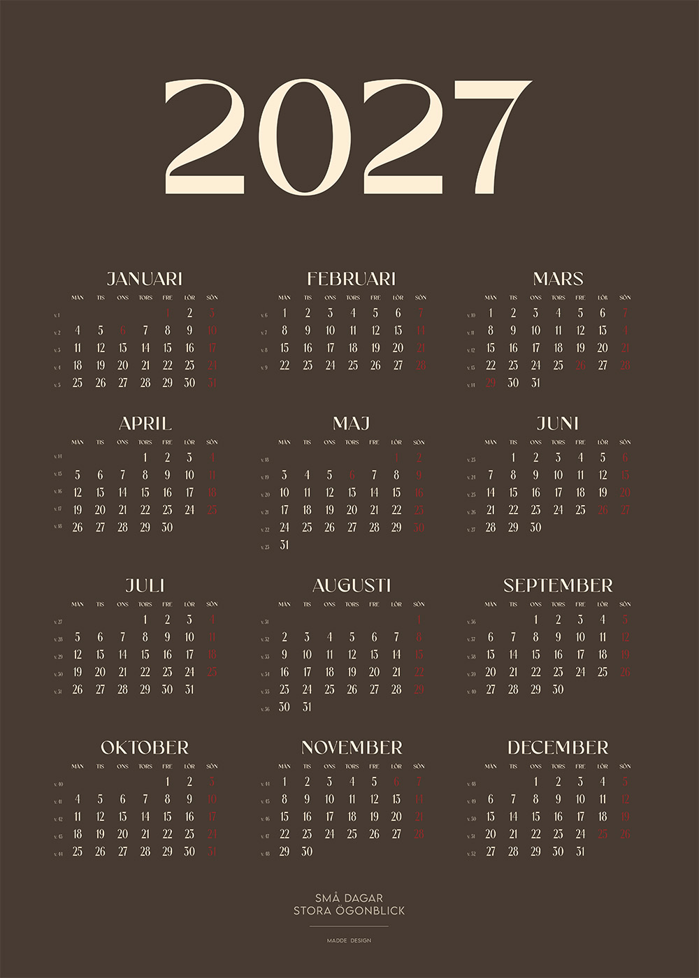 Stilren Kalender 2027 Mörkbrun med minimalistisk design och tydliga månadsvyer, perfekt för kontor eller hem.