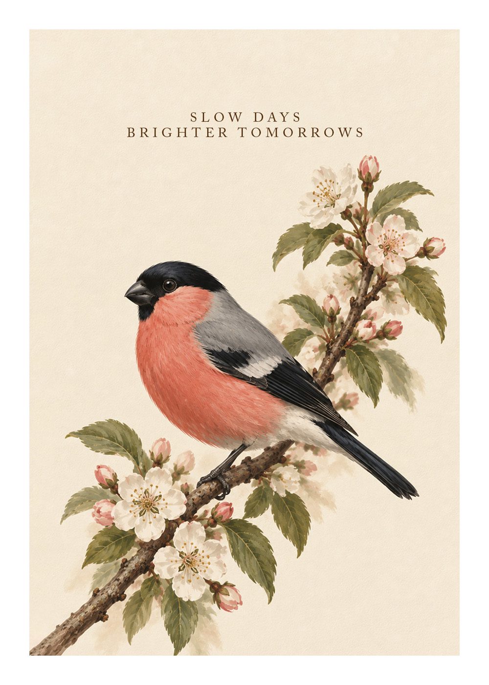 Vacker domherre poster med blommande kvist och texten Slow Days Brighter Tomorrows.