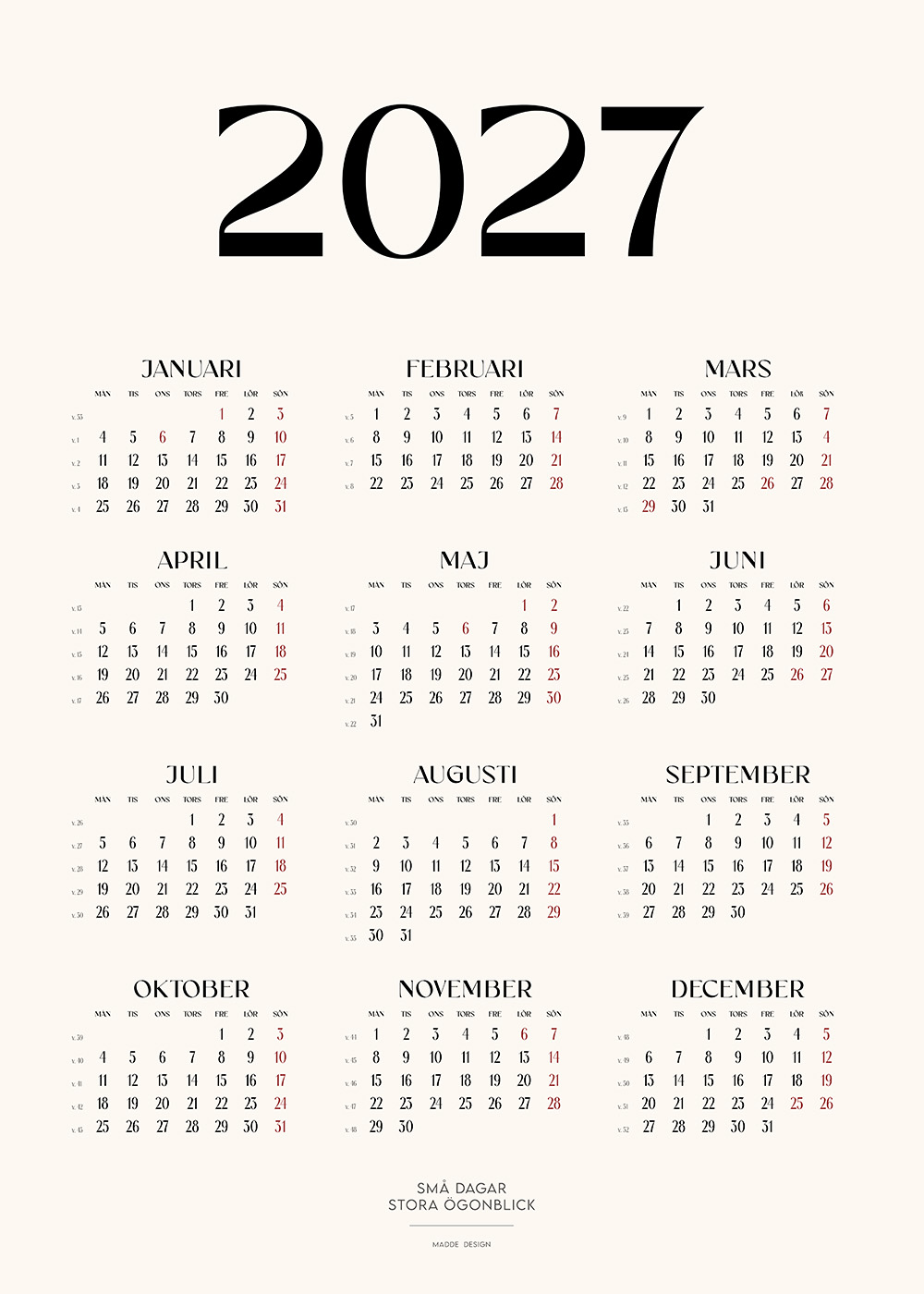 Stilren Kalender 2027 Minimalistisk, elegant design med månadsvy, perfekt som väggkalender för hem eller kontor.