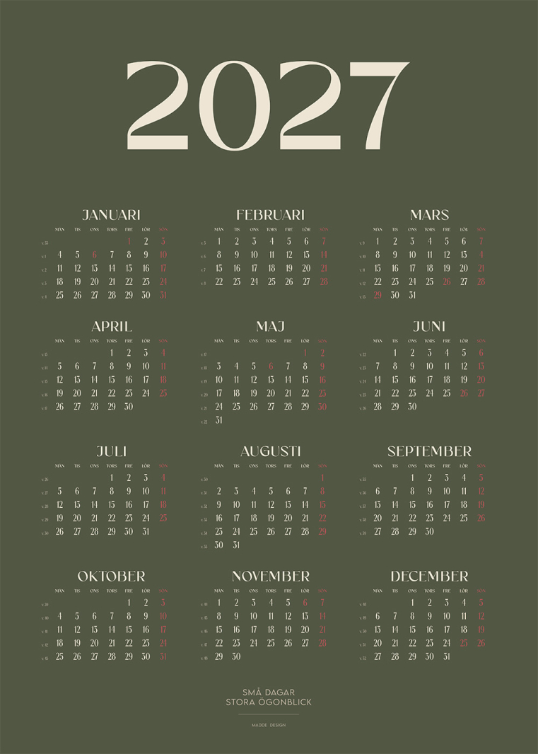 Stilren Kalender 2027 Olive med minimalistisk design, månadsöversikt och olivgrön bakgrund. Perfekt som väggkalender.