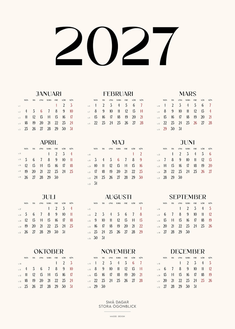 Stilren Kalender 2027 Minimalistisk, elegant design med månadsvy, perfekt som väggkalender för hem eller kontor.