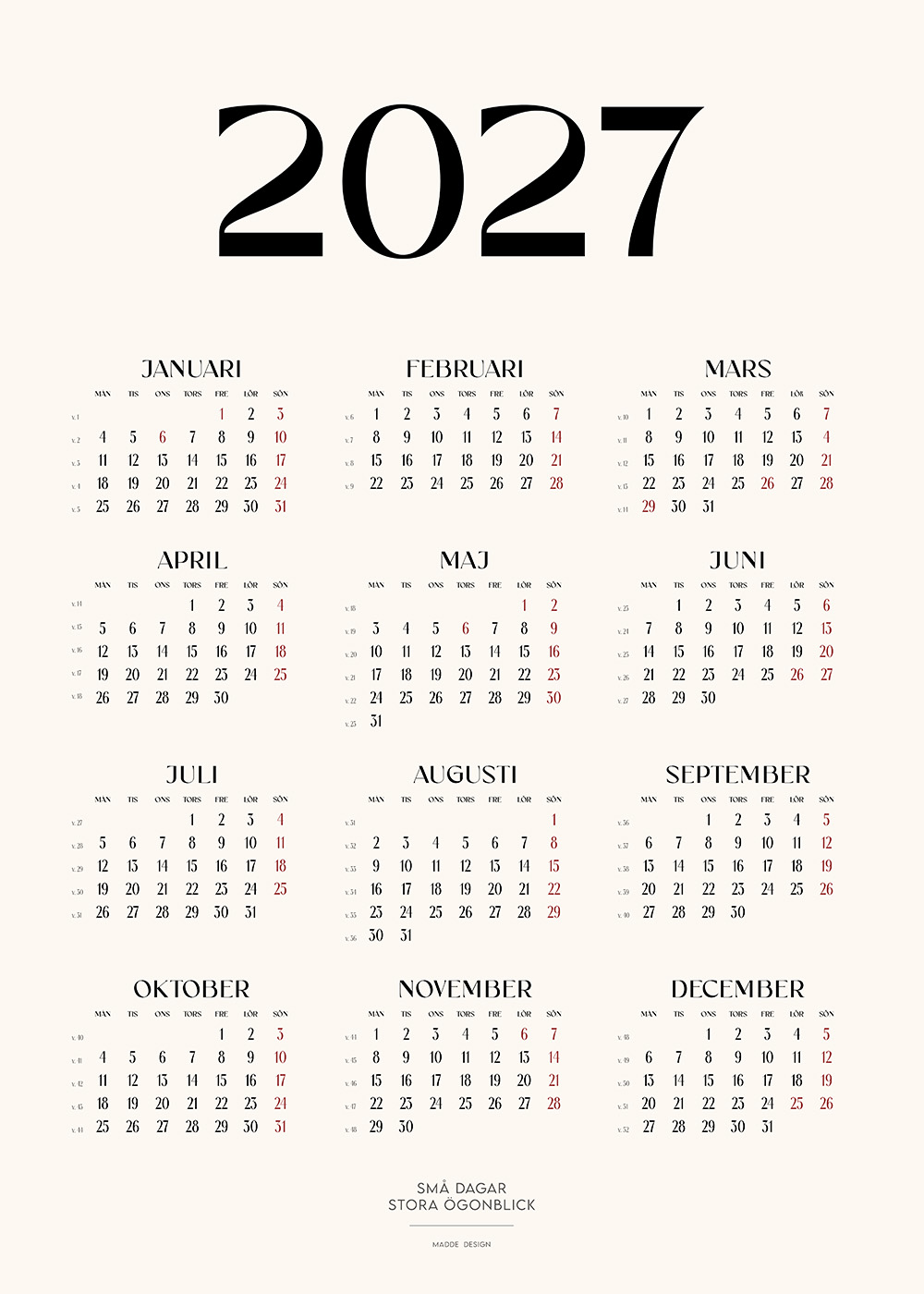 Stilren Kalender 2027 Minimalistisk, elegant design med månadsvy, perfekt som väggkalender för hem eller kontor.