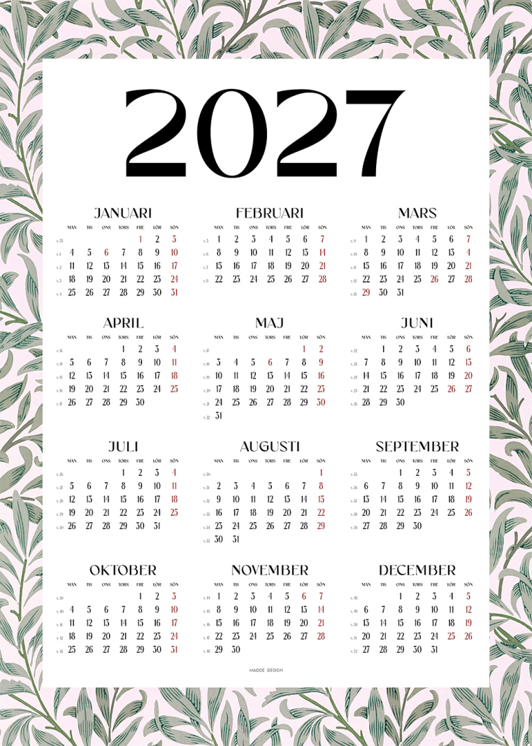 William Morris Kalender 2027 med Willow Bough-mönster, elegant väggkalender för året 2027.