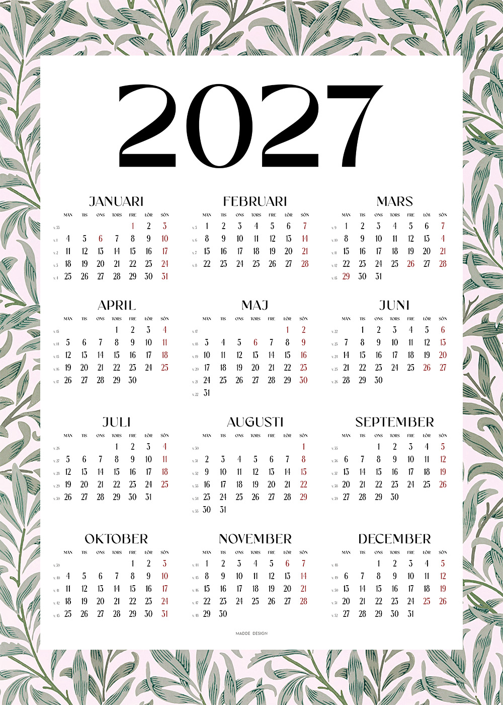 William Morris Kalender 2027 med Willow Bough-mönster, elegant väggkalender för året 2027.