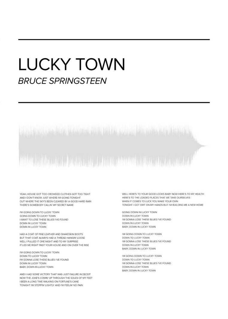 Lucky Town Bruce Springsteen poster med ljudvåg i svartvit minimalistisk design