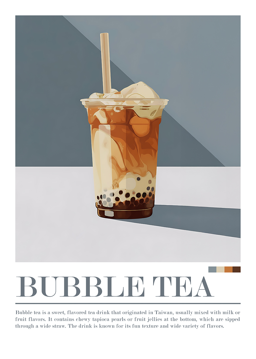 Bubble Tea Poster med färgglad dryck, tapiokapärlor och sugrör, del av Fika Kollektion. Perfekt för köksinredning.