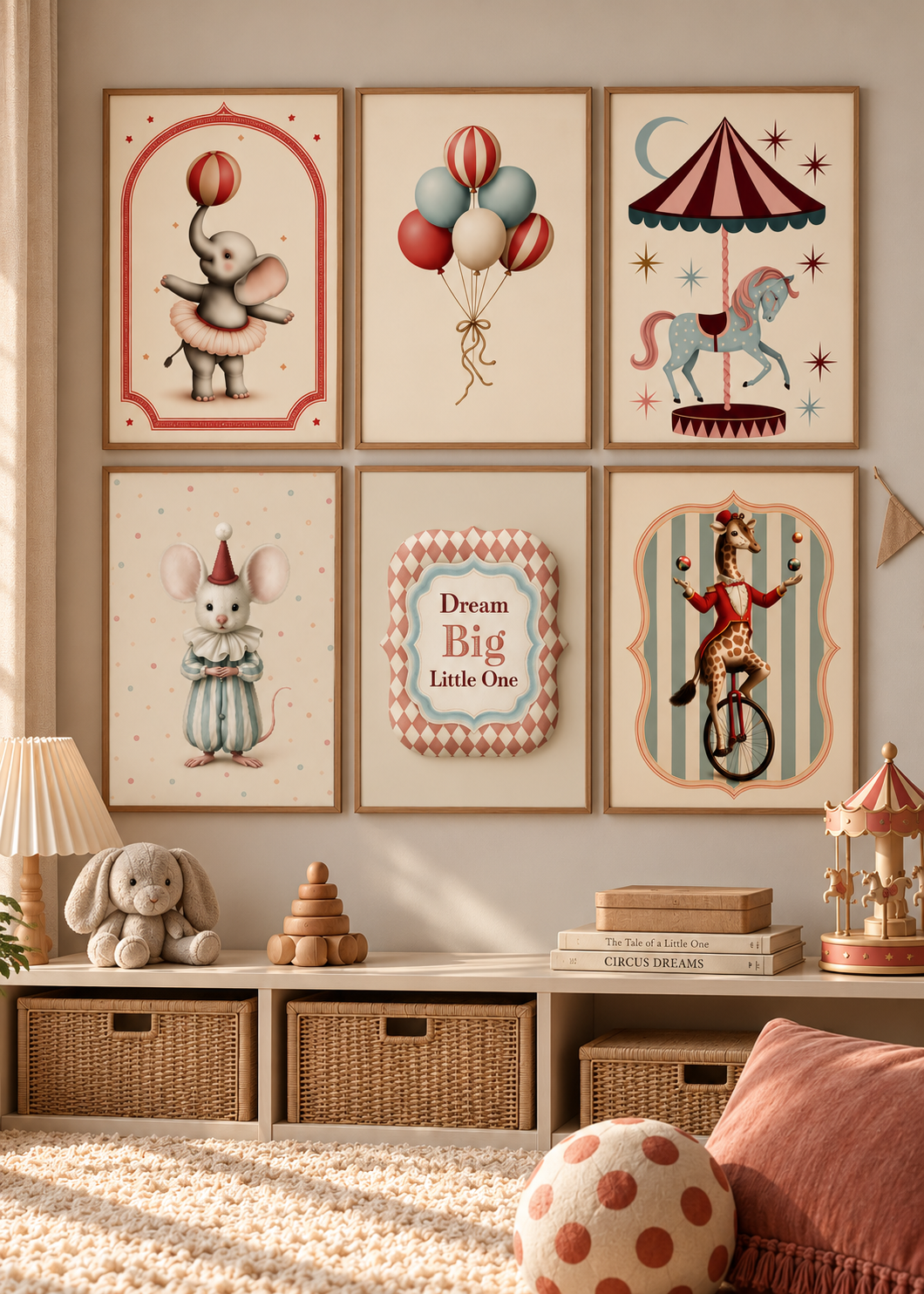 Ballongposter med sex ballonger i puderrosa, turkosgrönt och cremevitt, randiga detaljer och rosett mot ljus bakgrund.
