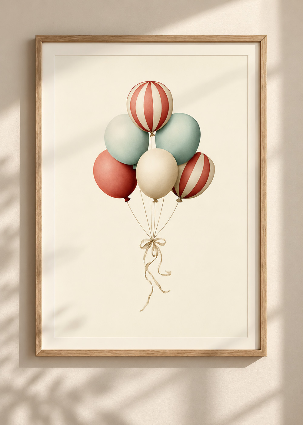 Ballongposter med sex ballonger i puderrosa, turkosgrönt och cremevitt, randiga detaljer och rosett mot ljus bakgrund.