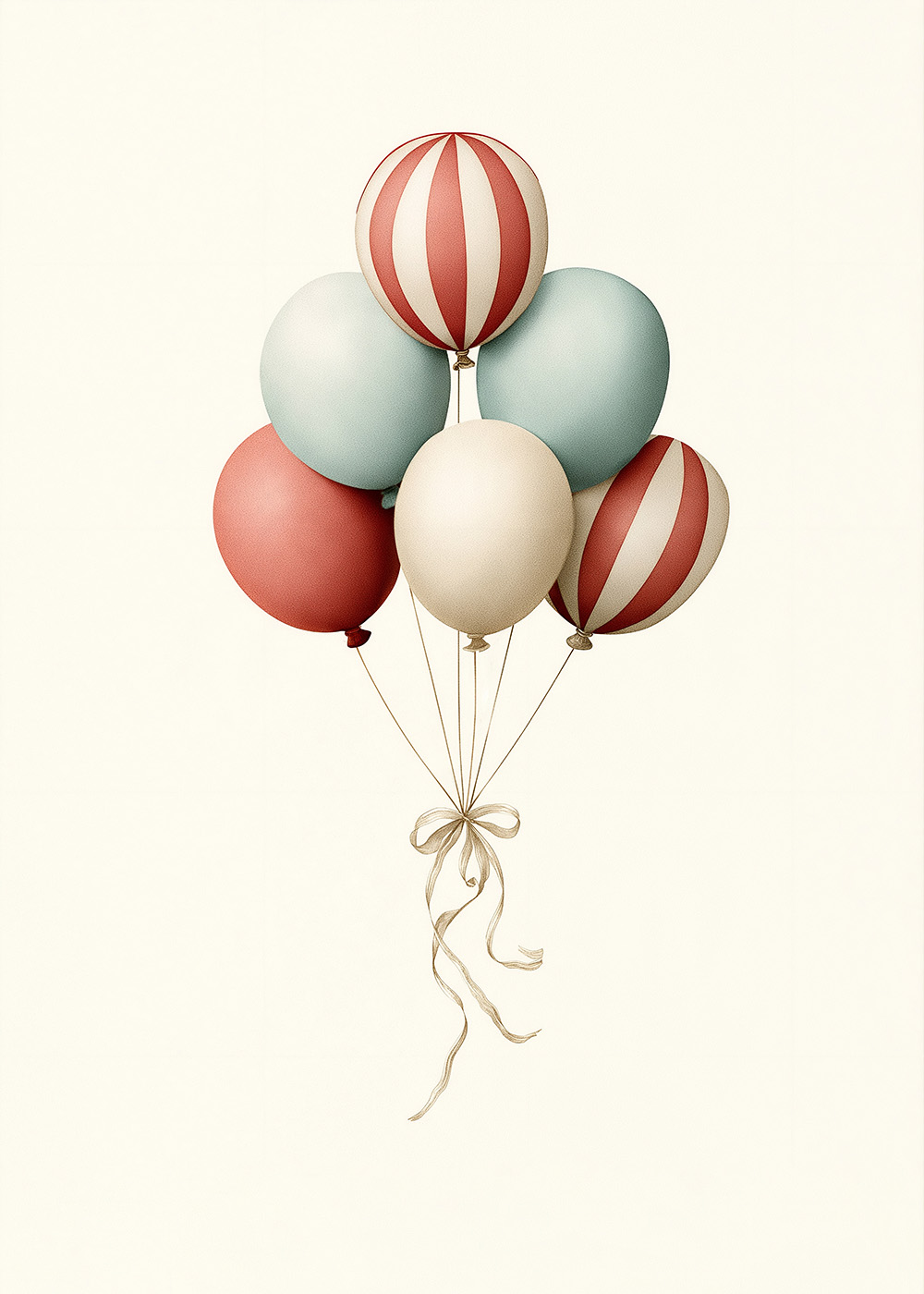 Ballongposter med sex ballonger i puderrosa, turkosgrönt och cremevitt, randiga detaljer och rosett mot ljus bakgrund.