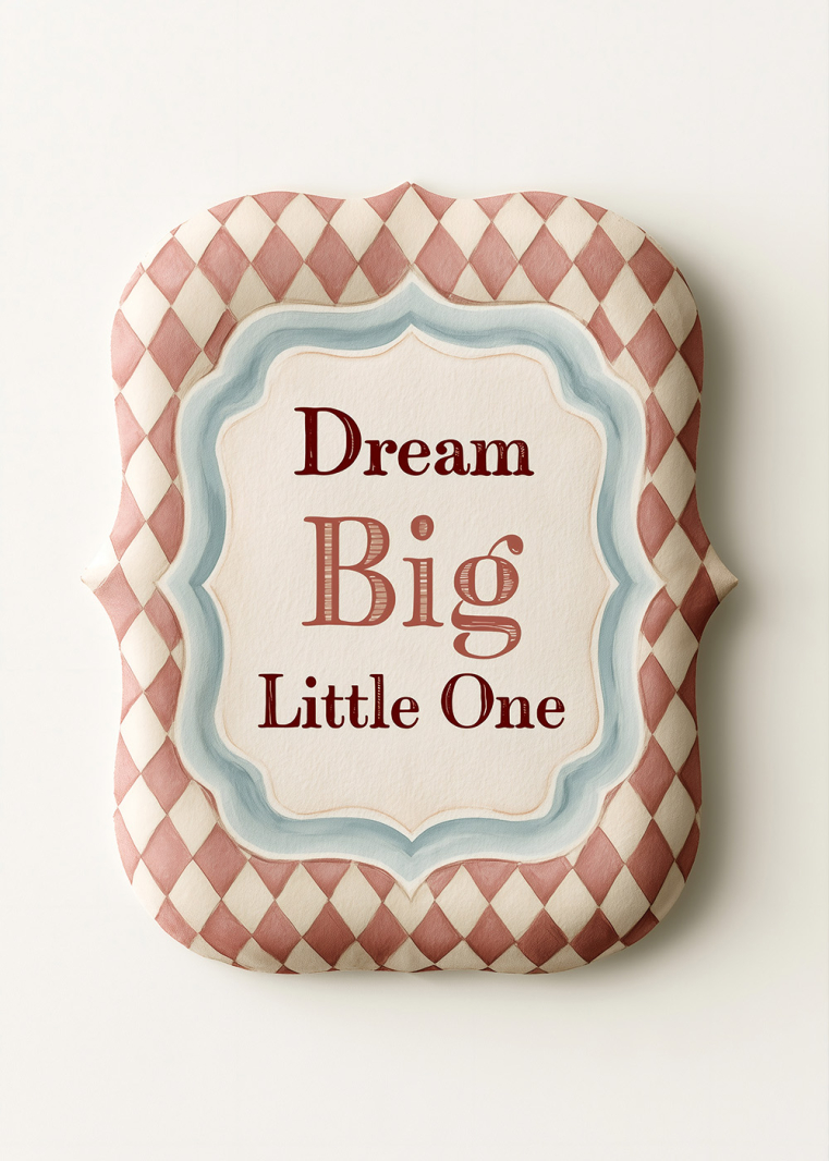 Dream Big Little One textposter med dekorativ blågrön ram, puderrosa och cremevitt harlekinmönster samt vinröd typografi.