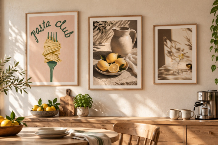 Tre inramade kökstavlor med pasta, citroner och en cocktail ovanför en kaffehörna och matplats.