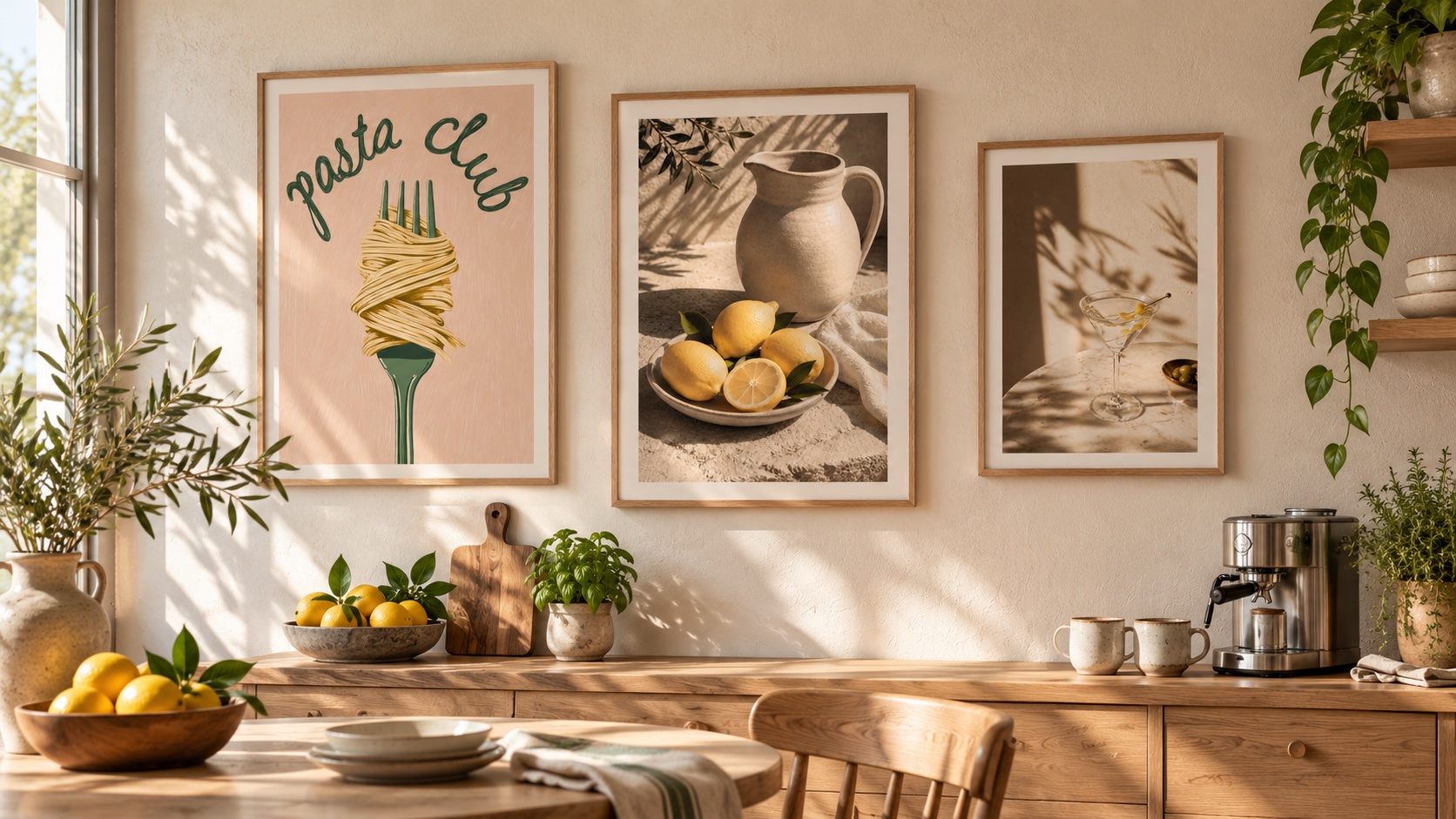 Tre inramade kökstavlor med pasta, citroner och en cocktail ovanför en kaffehörna och matplats.