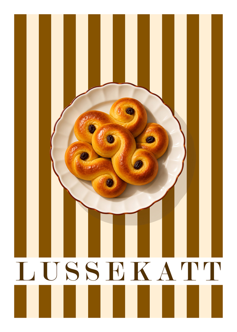 Lussekatt poster med saffransbullar och brun randig bakgrund