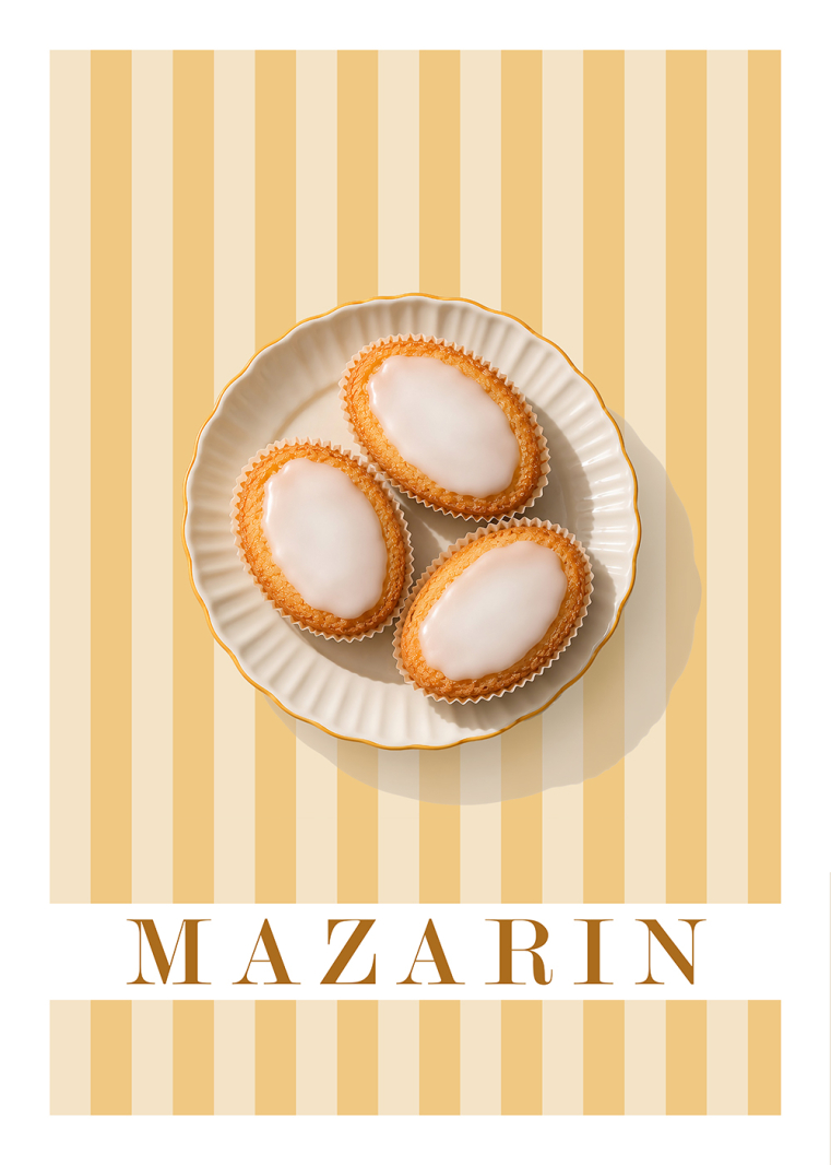 Mazarin poster med gula ränder och klassiska svenska mazariner
