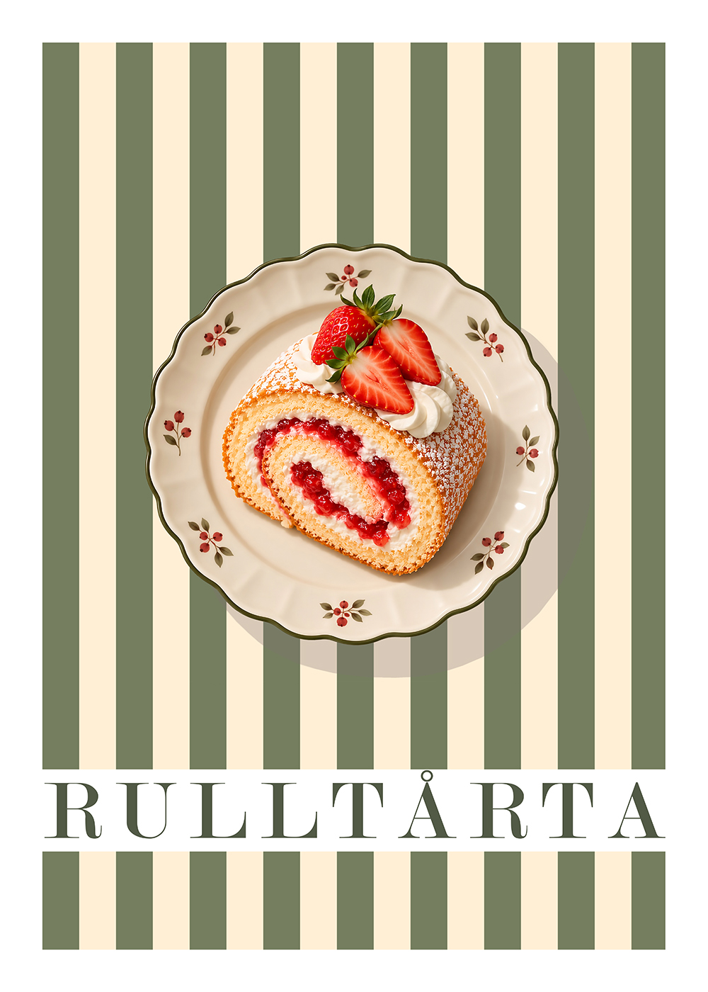 Rulltårta poster med jordgubbar och grön randig bakgrund