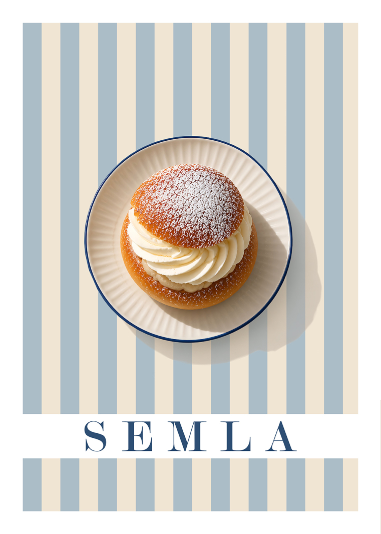 Semla poster med blå randig bakgrund och svensk semla